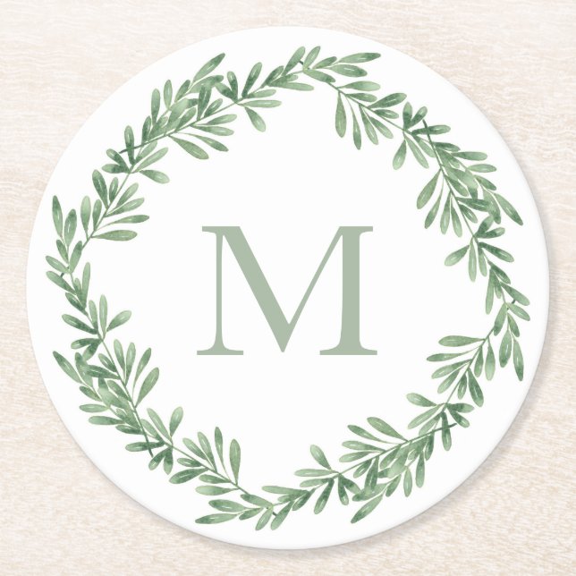Watercolor Rosemary Wreath  Round Paper Coaster (Front)