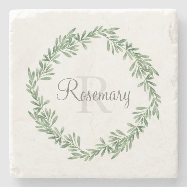 Watercolor Rosemary Wreath Stone Coaster (Front)