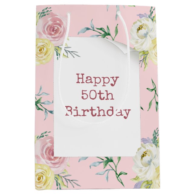 Watercolor Roses 50th Birthday Medium Gift Bag (Front)