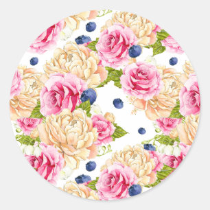 Watercolor Roses and Blueberries Pattern Botanical Classic Round Sticker