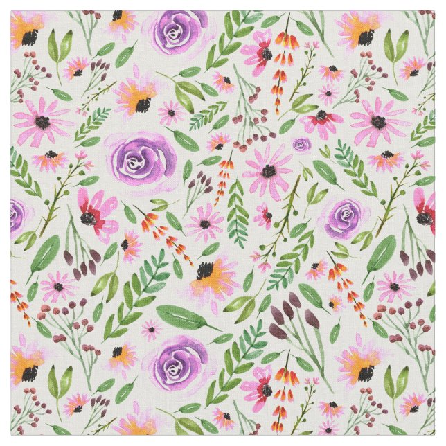 Watercolor roses and florals pattern fabric (Close Up)