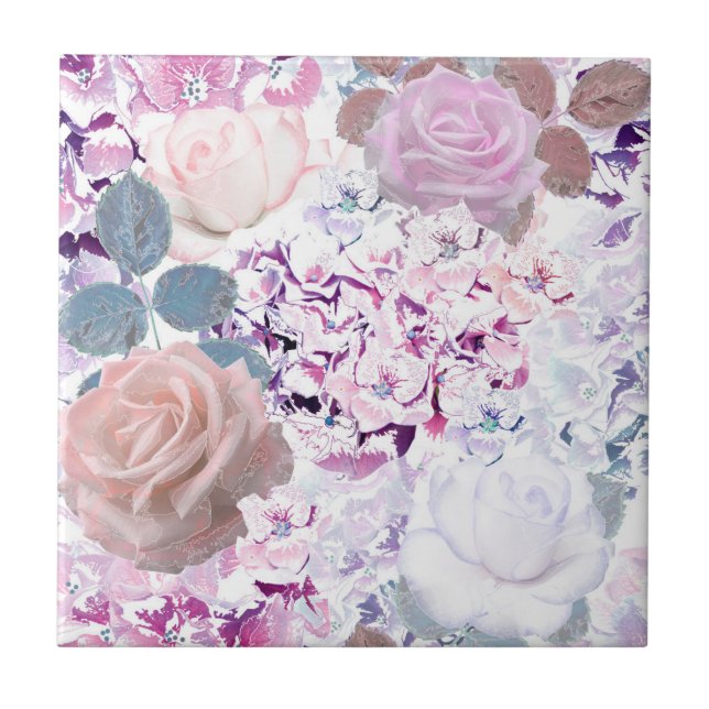 Watercolor roses and hydrangeas. ceramic tile (Front)