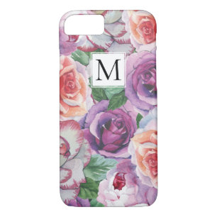 Watercolor roses and monogram floral iPhone 8/7 case