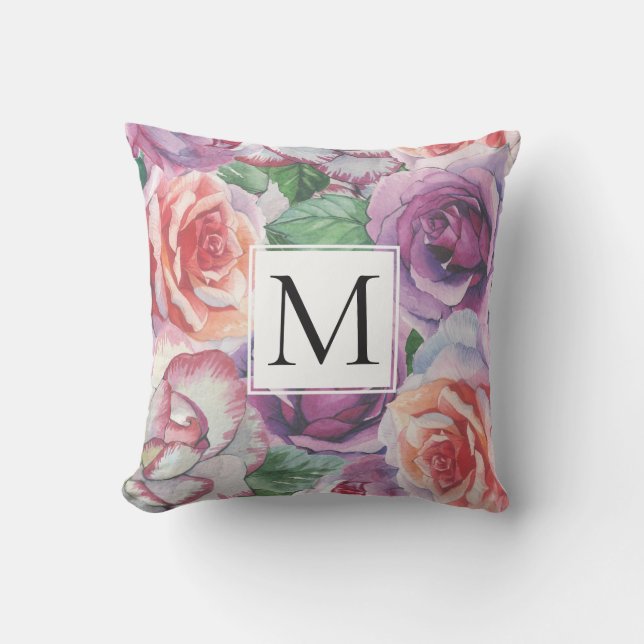 Watercolor roses and monogram floral cushion (Front)