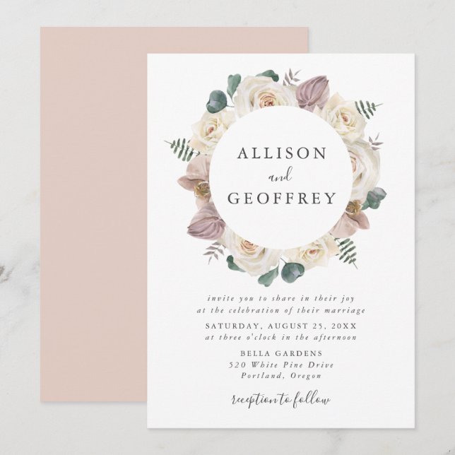 Watercolor Roses and Orchids Floral Frame Wedding Invitation (Front/Back)