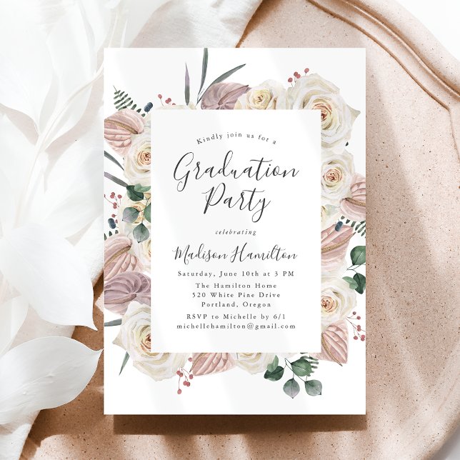 Watercolor Roses and Orchids Graduation Party Invitation (Creator Uploaded)