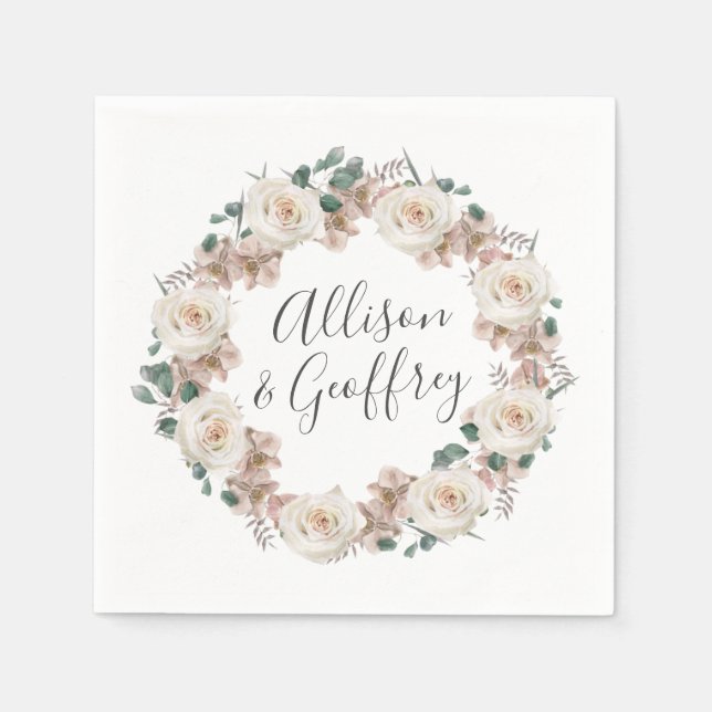 Watercolor Roses and Orchids Personalised Wedding Napkin (Front)