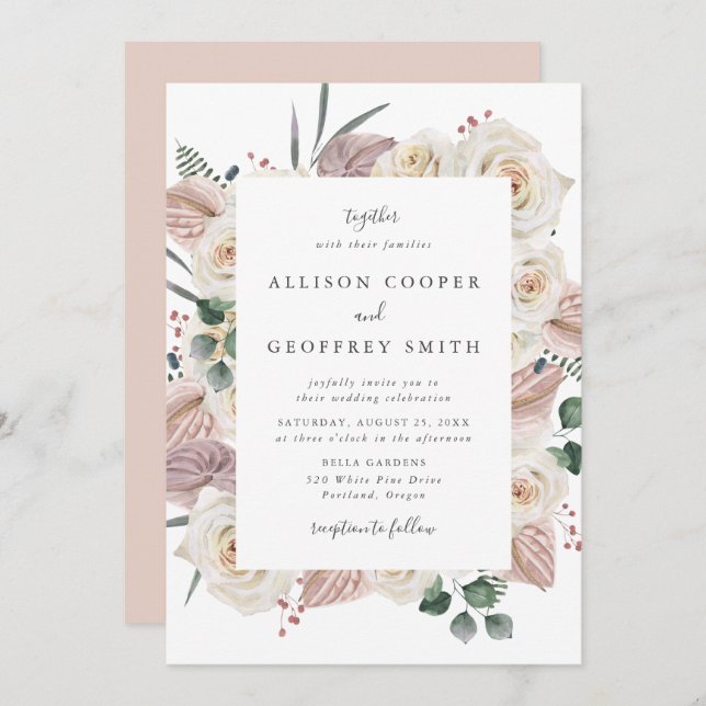 Watercolor Roses and Orchids Wedding Invitation (Front/Back)