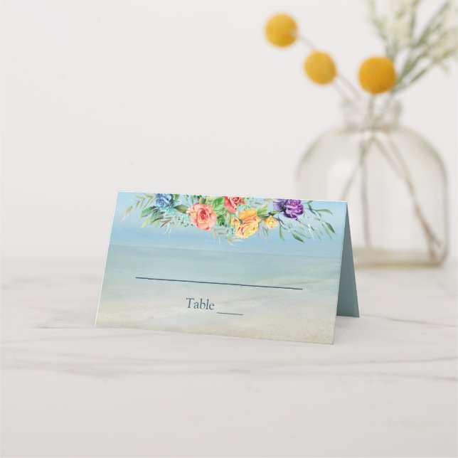 Watercolor Roses and Seashells Beach Wedding Place Card (Front)