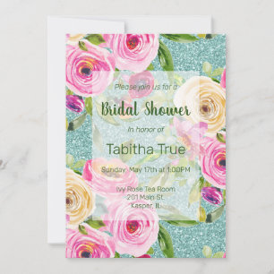 Watercolor Roses Aqua Glitter Bridal Shower Invitation