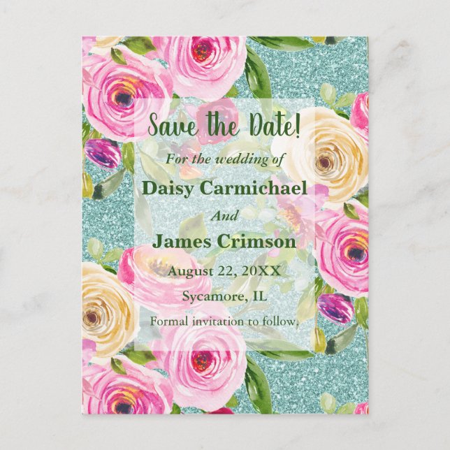 Watercolor Roses Aqua Glitter Save the Date Postcard (Front)