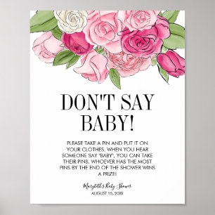 Watercolor Roses Baby Shower Don't Say Baby Game Poster