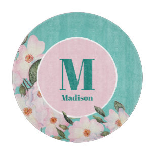 Watercolor Roses Ballerina Floral Monogram Circle Cutting Board