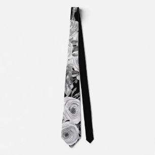 Watercolor Roses Black and White and Grey Tie