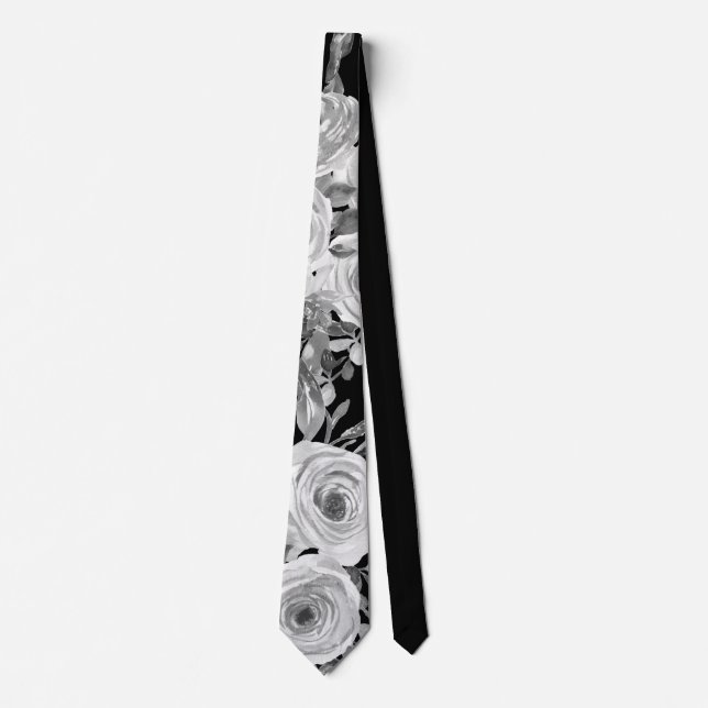 Watercolor Roses Black and White and Grey Tie (Front)