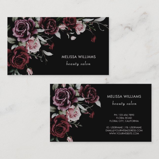 Watercolor Roses Black Background Business Card (Front/Back)