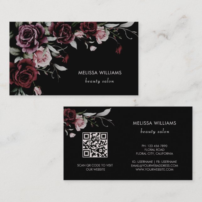 Watercolor Roses Black Background Business Card (Front/Back)