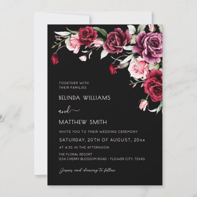 Watercolor Roses Black Background | Photo Wedding Invitation (Front)