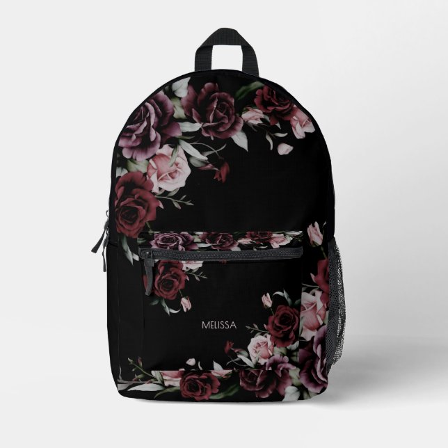 Watercolor Roses Black Background Printed Backpack (Front)