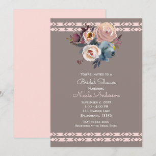 Watercolor Roses Boho Pink Taupe Bridal Shower Invitation