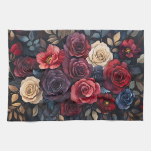Watercolor Roses Bouquet Leaves Colourful Tea Towel