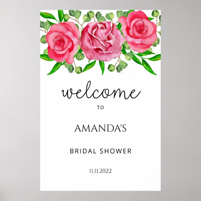 Watercolor Roses bridal shower welcome sign (Front)