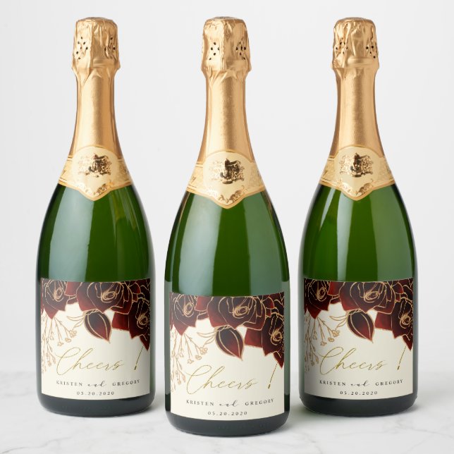 Watercolor Roses Burgundy Green Cheers Wedding Sparkling Wine Label (Bottles)