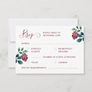 Watercolor Roses Burgundy Red Calligraphy Wedding RSVP Card