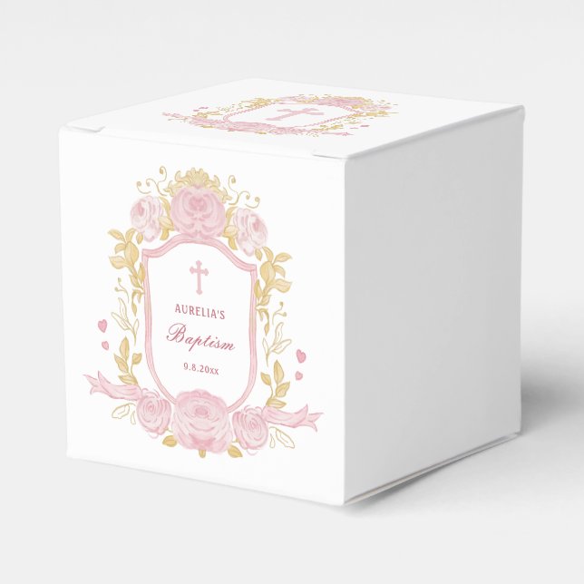 Watercolor Roses Crest Baptism Cube Favour Box (Front Side)