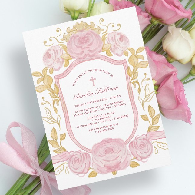 Watercolor Roses Crest Baptism Invitation (Creator Uploaded)