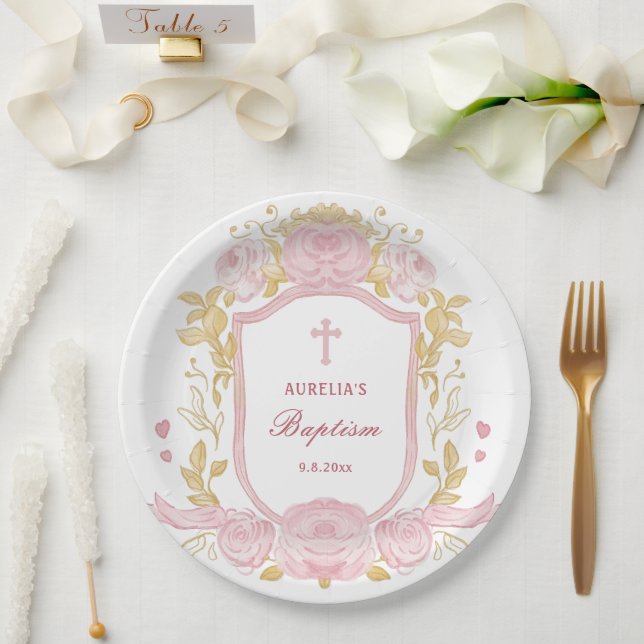 Watercolor Roses Crest Baptism Paper Plate (Wedding)