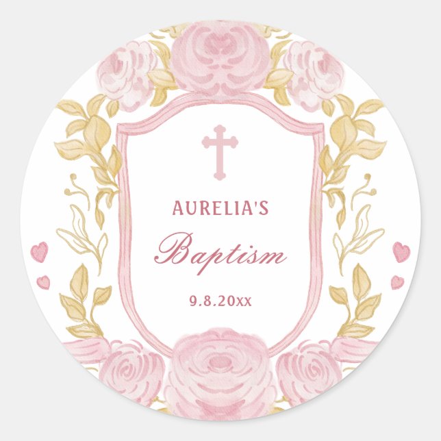 Watercolor Roses Crest Baptism Small Sticker (Front)