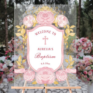 Watercolor Roses Crest Baptism Welcome Acrylic Sign