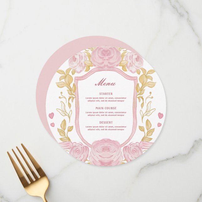 Watercolor Roses Crest Round Menu (Front/Back In Situ)