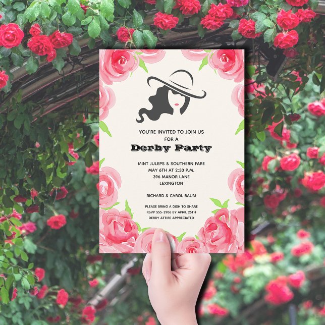 Watercolor Roses Derby Party Invitation (A lady in her big hat and a rose border Derby Party invitations)