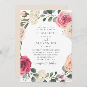Watercolor roses. Elegant floral greenery wedding  Invitation