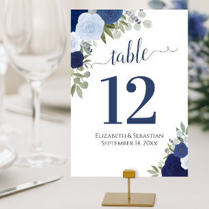 Watercolor Roses Elegant Indigo Blue Wedding Table Number