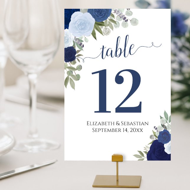 Watercolor Roses Elegant Indigo Blue Wedding Table Number (Creator Uploaded)