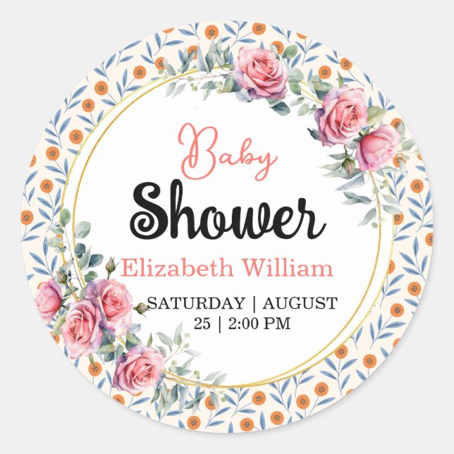 Watercolor Roses & Eucalyptus Baby Shower Classic Round Sticker (Front)