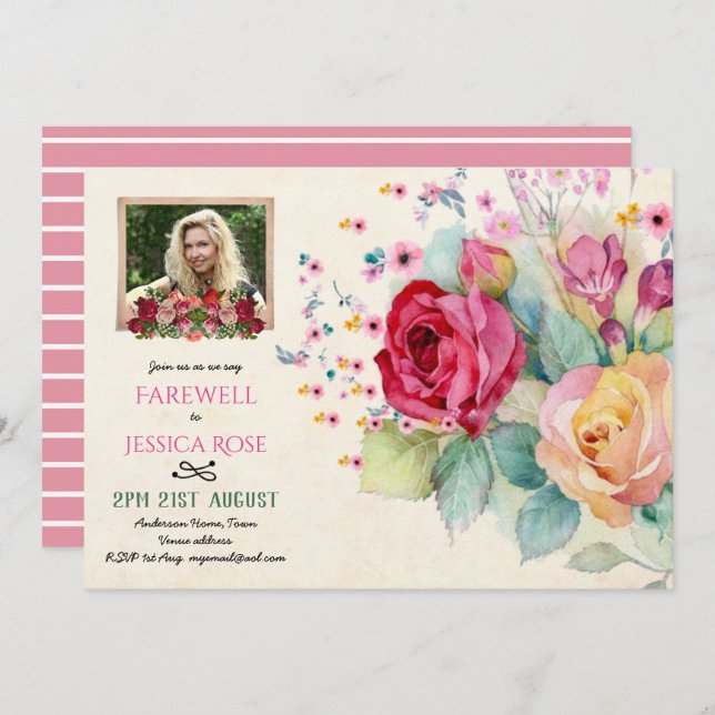 Watercolor Roses FAREWELL PHOTO Invitation Pink (Front/Back)