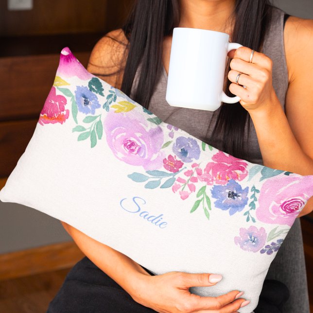 Watercolor Roses Floral Arrangement Personalise Lumbar Cushion (Creator Uploaded)