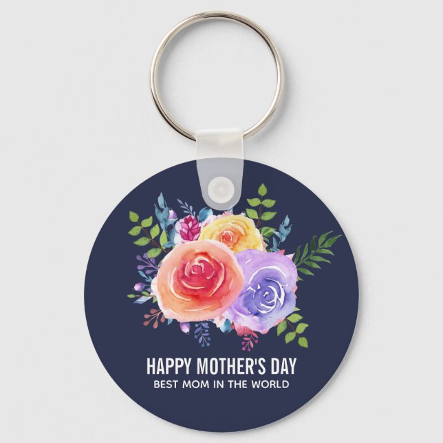 Watercolor Roses Floral Bouquet Mother's Day Key Ring (Front)