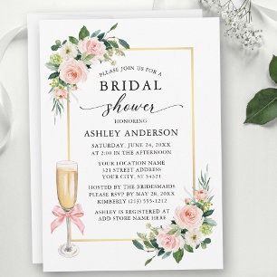 Watercolor Roses Floral Pink Bow Bridal Shower Invitation