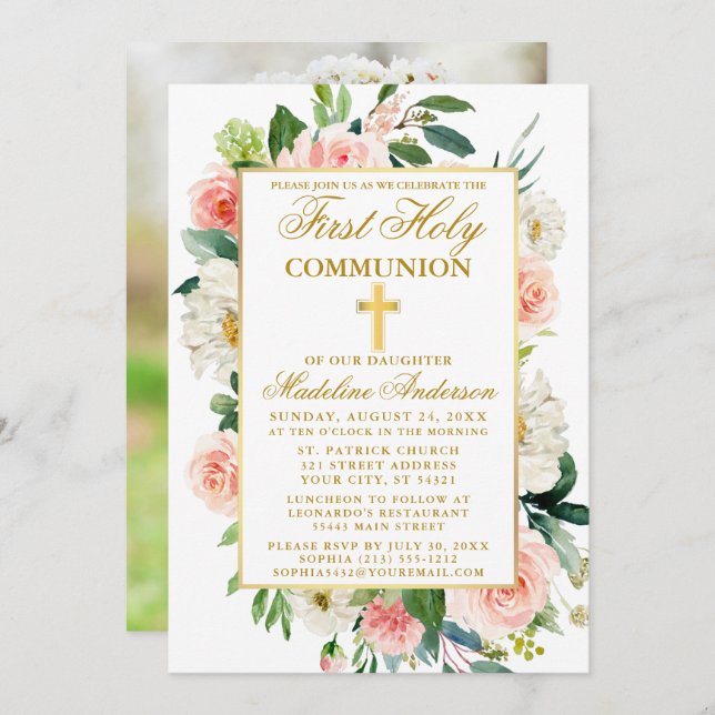 Watercolor Roses Flowers First Communion Photo Invitation (Front/Back)