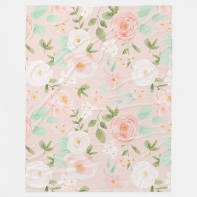 Watercolor Roses Flowers in Pink and Peach Fleece Blanket (Front)