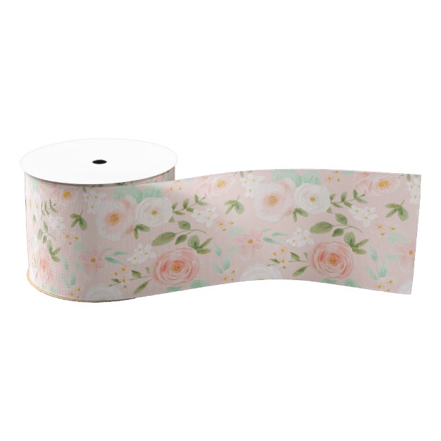 Watercolor Roses Flowers in Pink and Peach Grosgrain Ribbon (Spool)