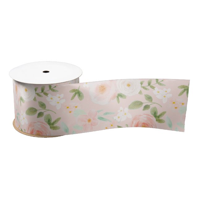 Watercolor Roses Flowers in Pink and Peach Satin Ribbon (Spool)