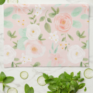 Watercolor Roses Flowers in Pink and Peach Tea Towel