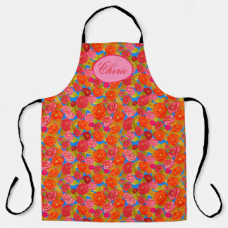 Watercolor Roses Flowers With Oval Text Apron