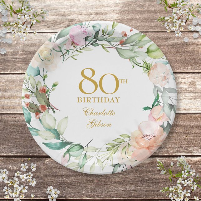 Watercolor Roses Garland 80th Birthday Party Paper Plate (Watercolor Roses Garland 80th Birthday Party Paper Plates)